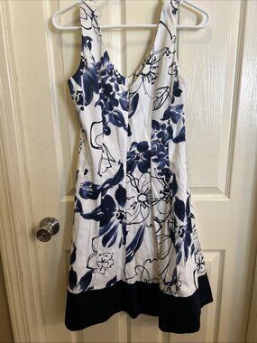 Chaps Blue Floral Sleevless A-Line V Neck Dress Womens Sz 6 Fit & Flare Zipper